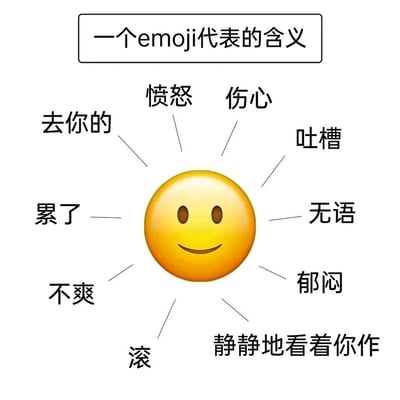 这是一张图文混排的网络梗图，顶部标注标题“一个emoji代表的含义”，中心是苹果iOS系统的经典微笑小黄脸emoji，表情为平静的微笑。围绕这个emoji辐射出多条指向它的文字，标注了这个表情在日常网络社交语境下被赋予的多种引申含义，包括愤怒、伤心、吐槽、无语、郁闷、静静地看着你作、滚、不爽、累了、去你的等，这些含义大多是负面或带有情绪的，与emoji本身的微笑形成强烈反差，生动体现了网络交流中这个表情常被用来表达“阴阳怪气”、隐忍的负面情绪的用法，精准捕捉了当代社交里的情绪表达特点。