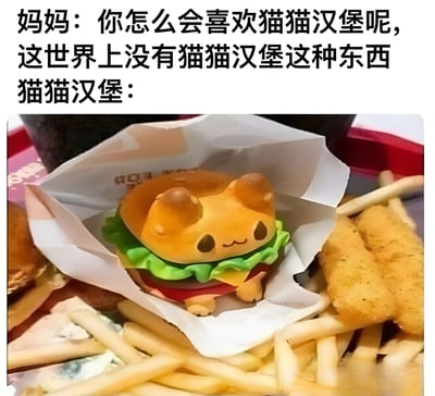 图片上方是妈妈和猫猫汉堡的对话文字，妈妈质疑世界上不存在猫猫汉堡。图片下方展示了一个可爱的猫形汉堡，它有着猫耳朵形状的面包顶，圆圆的眼睛和微笑的嘴巴，夹着绿色的生菜和红色的番茄片，被放置在白色的包装纸中，周围还有薯条和炸鸡块。
