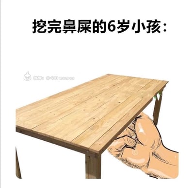 这是一张趣味P图，顶部配有文字“挖完鼻屎的6岁小孩:”，画面主体是一张木质桌子，一只沾有类似鼻屎污渍的卡通大手被藏在桌子下方，用夸张且形象的方式，还原了6岁小孩挖完鼻屎后，不想被他人发现，偷偷藏起手的调皮又真实的日常小动作，精准抓住了孩童这类可爱的小秘密行为，充满生活化的幽默感。