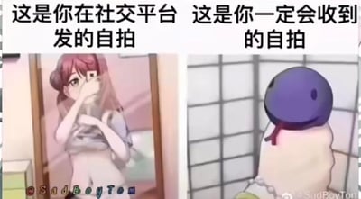 图片为左右对比结构，左侧展示社交平台发布的自拍：一位粉发动漫女孩双手捂嘴，眼神腼腆，背景为室内环境，显得娇羞可人；右侧展示收到的自拍：一个蓝紫色球形头部、身体呈白色的简约角色，背景为日式格子门，表情平淡，形成鲜明反差。通过夸张对比调侃社交平台自拍与实际收到的自拍之间的理想与现实差距，充满幽默调侃意味。
