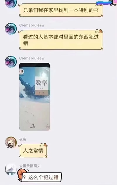 这是一张社交媒体聊天截图风格的梗图，展示了一个关于数学课本的幽默对话。对话开始有人说"兄弟们我在家里找到一本特别的书"，接着另一位用户回应"看过的人基本都对里面的东西犯过错"，随后展示了一本《数学 必修 第一册》的课本图片。最后其他用户评论"人之常情"和"这么个犯过错"，形成一个关于学生在数学学习中常犯错误的幽默共鸣。