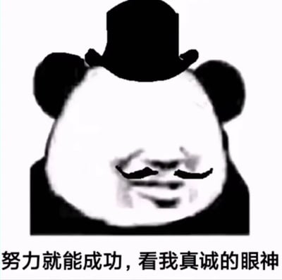 图片中是一个黑白卡通熊猫头形象，戴着黑色礼帽，嘴角配有小胡子，表情略带戏谑。图片底部有文字“努力就能成功，看我真诚的眼神”，整体通过幽默的熊猫表情包风格传达一种调侃式的励志意味。