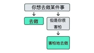 这是一张简洁的流程图，顶部灰色文字框写着“你想去做某件事”，由此向下分出两个箭头。左侧箭头指向绿色文字框“去做”，右侧箭头指向灰色文字框“但是你很害怕”，该灰色文字框再向下指向一个绿色文字框“害怕地去做”。整体以白色为背景，文字框采用灰色和绿色区分，线条简单明了。图中内容幽默地描绘了人们在面对想做的事情时，虽然内心害怕但最终还是选择行动的常见心理过程，没有双关、谐音梗或暗示内容。