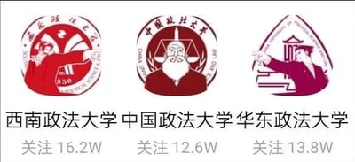 图片展示了三所中国政法类高校的校徽及对应关注数。从左至右分别为西南政法大学（红色校徽，关注16.2W）、中国政法大学（棕红色校徽，关注12.6W）、华东政法大学（紫红色校徽，关注13.8W）。校徽设计各具特色，西南政法校徽含人物挥手元素，中国政法校徽以天平与老者形象为主，华东政法校徽则有建筑与人物指向图案。