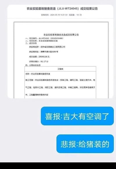 这是一张玩梗调侃的图文内容，上方是吉林大学农业实验基地猪舍改造项目的官方成交结果公告截图，公告显示该项目成交金额达2939116元，施工范围包含通风空调工程等多个工程类目；下方配有两个蓝色文字框，先是以“喜报:吉大有空调了”制造期待感，紧接着用“悲报:给猪装的”进行反转，形成强烈的反差感，以此调侃猪舍配备了空调设施，而部分学生可能还未享受到类似待遇，通过这种落差感制造搞笑戏谑的效果，引发校园相关群体的共鸣。