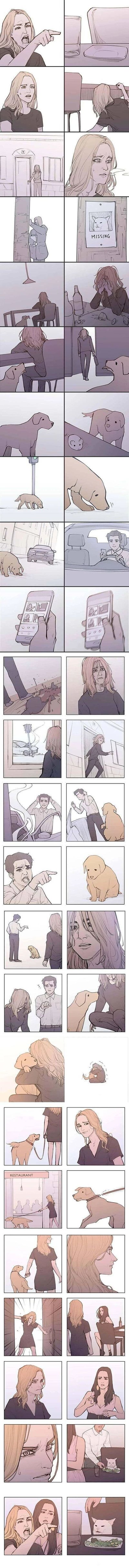 这是一则温情叙事连环漫画，开篇金发女子愤怒地指责他人，随后情绪崩溃独自离开，之后她张贴了印有猫咪头像的“MISSING”寻猫启事，神情落寞，显然因丢失猫咪陷入痛苦。画面切换到棕发女子，她在酒吧借酒消愁，身旁的狗狗试图安慰她，随后狗狗追着老鼠跑出酒吧，跑到马路上时差点被一位开车的男子撞到，男子下车后愤怒指责狗狗，金发女子看到后上前，发现这只狗狗正是自己丢失的爱犬，她抱着狗狗痛哭，狗狗亲昵地安抚她。之后金发女子牵着狗狗来到一家餐厅，找到棕发女子，却发现棕发女子正在投喂的猫咪，正是自己苦苦寻找的失踪猫咪。两个因丢失宠物而陷入低谷的人，在这场意外中找回了各自的爱宠，也获得了温暖的慰藉。
