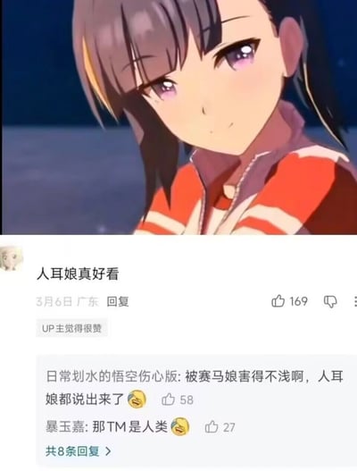 整张图分为上下两个部分，上半部分是日式动画风格的少女半身像，少女有着带挑染的深棕色短发、紫色眼眸，身穿红白拼色的运动外套，表情温和看向镜头；下半部分是国内视频平台B站的评论区界面，最高赞评论内容为“人耳娘真好看”，获得169次点赞且有“UP主觉得很赞”的标识，下方两条高赞回复分别调侃发布该评论的网友“被赛马娘害得不浅啊，人耳娘都说出来了”、“那TM是人类”。该梗的笑点来源于观众长期观看游戏/动画《赛马娘》中长有兽耳的马娘角色，产生认知错位，反过来将正常的人类女性动画角色调侃为特殊的“人耳娘”，充满搞笑趣味。