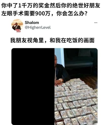 图片顶部以黑体字提出假设性问题：“你中了1千万的奖金然后你的绝世好朋友左眼手术需要900万，你会怎么办？”。下方模拟社交媒体帖子样式，显示用户“Shalom”（@HigherrLevel）的头像及配文“我朋友视角里，和我在吃饭的画面”。配图采用左右分屏设计，左侧为纯黑色区域（象征朋友视角看不到的部分），右侧则是一名男子坐在铺满大量现金（疑似美元）的桌子旁，形成“朋友以为在正常吃饭，实则自己坐拥巨款”的幽默反差。