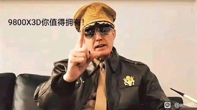 图片中是一位穿着军装风格服装的男子，戴着帽子和墨镜，正用食指指向自己，表情严肃自信。图片左上角有文字“9800X3D你值得拥有！”，看起来像是在推广某种产品。