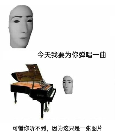 这是一张上下布局的搞笑冷笑话梗图，上方展示了一个面无表情的无身体卡通人头（MemeMan），搭配文字“今天我要为你弹唱一曲”，营造出即将表演的氛围；下方则是一架黑色三角钢琴和缩小版的同款卡通人头，配文“可惜你听不到，因为这只是一张图片”，利用“图片无法发出声音”这一常识制造反差感，形成无厘头的搞笑效果，整体风格轻松诙谐。
