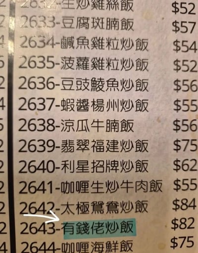 这是一张港式餐厅的菜单实拍局部图，菜单以繁体中文标注菜品编号、名称和港元售价，大部分常规饭类售价在52到75港元区间。其中编号2643的菜品被特意标注绿色底纹，还有白色箭头指向该菜品，其菜名为“有钱佬炒饭”，售价82港元，比多数普通炒饭价格更高，菜名调侃意味十足，颇具趣味性。