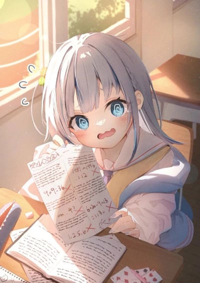 这是一幅校园题材的二次元静态插画，画面场景是教室，浅灰发带蓝挑染的女学生坐在课桌前，她的眼睛呈现出螺旋眩晕状，撇着嘴，脸上带着崩溃又委屈的神情，眼角还挂着泪珠，旁边的晕眩符号也强化了她的慌乱状态。她双手举着一张满是红叉的试卷，试卷上可见多道明显错误的算术题，比如“9×9=36”这类基础错题都被打叉，桌上还摆放着书本和扑克牌，背景是洒进阳光的教室窗户，整体生动地表现出学生拿到糟糕考试成绩后的窘迫与崩溃。