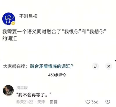 这是一张社交媒体平台的评论区截图，用户“不叫吕松”发布动态，询问是否存在语义能够同时融合“我恨你”和“我想你”两种矛盾情绪的词汇，动态下方显示相关搜索词条为“融合矛盾情感的词汇”，该动态共有430条评论；热评第一是用户“摘星辰”给出的回复“我不会再等了”，这条回复获得了366个点赞，短短一句话既传递出仍对对方存有想念的情绪，又表达了因失望攒够不愿再继续消耗的恨意与决绝，精准契合提问需求，引发网友共鸣。