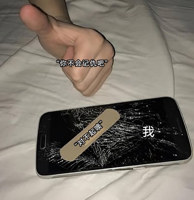 这是一张极具共鸣感的网络梗图，图中用屏幕完全碎裂的手机指代“被伤害后的自己”，手机的碎裂状态直观地表现出已经承受的严重伤害；上方的手做出安抚式的手势，配文“你不会记仇吧”，手机上的配文“对不起噢”是伤害者说出的轻描淡写的道歉，整个场景精准还原了人际关系中常见的无奈时刻：当自己受到实质性伤害后，对方却用敷衍的道歉和道德绑架式的试探，让被伤害者连表达不满的权利都被剥夺，生动地传递出那种委屈却无法言说的情绪。