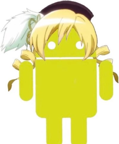This image features a creative mashup of the Android operating system's green robot mascot with an anime-style character's head. The standard Android robot design with its rectangular green body, white eyes, and simple limb structure serves as the base. On top of this robot body is an anime character's head with blonde hair, a black hat adorned with a white feather accessory, and yellow ribbons tied in the hair. The combination creates a unique hybrid character that blends technology and anime aesthetics.