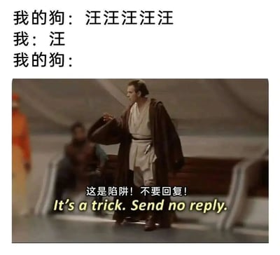 图片上方为文字对话：“我的狗：汪汪汪汪汪 我：汪 我的狗：”，下方是《星球大战》电影截图，欧比旺·克诺比表情严肃地警告“这是陷阱！不要回复！It's a trick. Send no reply.”。通过拟人化手法，幽默表现宠物狗识破主人学狗叫“陷阱”的场景，形成反差萌笑点。
