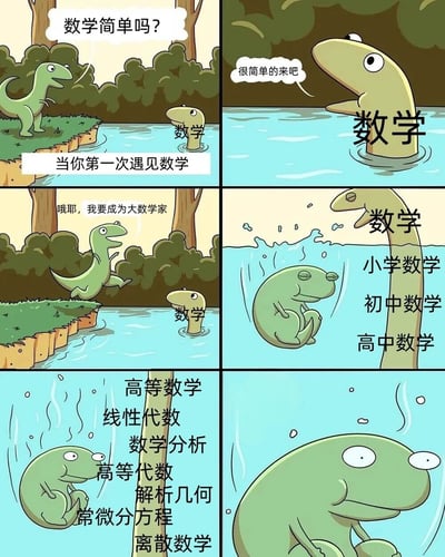 这是一幅六格连环漫画，通过两只恐龙的互动幽默展现了数学学习难度的递进过程。第一格中小恐龙站在岸边问水中的"数学"："数学简单吗？"；第二格"数学"自信回答："很简单的来吧"；第三格小恐龙兴奋地说："哦耶，我要成为大数学家"；第四格小恐龙进入水中，水面上标注"小学数学、初中数学、高中数学"，水位逐渐升高；第五格小恐龙几乎被淹没，周围列出"高等数学、线性代数、数学分析"等更难的大学数学课程；最后一格小恐龙在水中露出惊恐的表情。

漫画使用水的深度巧妙比喻数学难度的增加，形成强烈的反差幽默，让经历过数学学习的人产生共鸣。