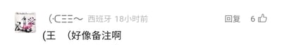 这是一张来自中文社交媒体平台的评论区截图，展示了一条用户互动评论。截图左上角是评论发布者的个人头像，为一幅带有粉色装饰元素的黑白风格插画；发布者昵称是“(·C三三～”，显示所在地为西班牙，评论发布时间为18小时前。评论内容为“(王 （好像备注啊”，推测发布者是看到了相关内容，觉得“(王”这个内容的形式很像给他人设置的备注名称。该评论右侧显示有“回复”按钮，以及6个点赞的标识，整体是典型的社交平台评论区界面。