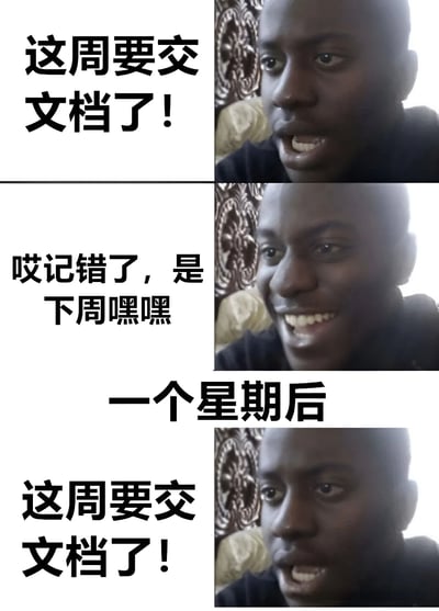 这是一张三格连环梗图，通过人物表情变化和文字配合，展现了面对文档截止日期的焦虑循环。第一格中人物面露紧张，配文“这周要交文档了!”；第二格人物表情转为轻松笑容，配文“哎记错了，是下周嘿嘿”；第三格时间跳转“一个星期后”，人物再次回到紧张表情，重复“这周要交文档了!”。通过这种循环往复的表现方式，幽默地呈现了拖延症患者面对 deadlines的典型心态。