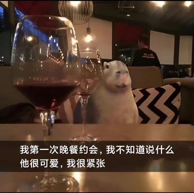 图片展示了一个温馨的餐厅场景，暖黄色灯光下，餐桌上摆放着两杯红酒。一只表情略显紧张的白色水豚坐在餐桌旁，身体微微前倾，似乎有些不知所措。图片底部配有文字：“我第一次晚餐约会，我不知道说什么 他很可爱，我很紧张”，生动表达了第一次约会时的羞涩与不安情绪。