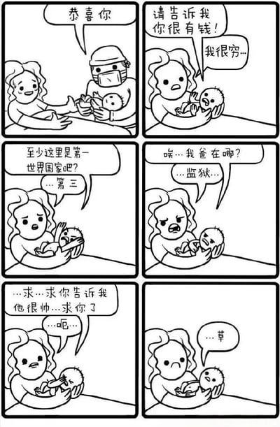 这是一幅六格黑白连环漫画，描绘了一位母亲与刚出生的婴儿之间令人捧腹又扎心的对话。第一格中，医生/护士微笑着将婴儿递给母亲并说"恭喜你"。第二格母亲满怀期待地问婴儿"请告诉我你很有钱!"，婴儿却面无表情地回答"我很穷..."。第三格母亲不死心追问"至少这里是第一世界国家吧?"，婴儿冷淡回应"...第三"。第四格母亲沮丧地问"唉...我爸在哪?"，婴儿回答"...监狱..."。第五格母亲带着最后一丝希望恳求"...求...求你告诉我他很帅...求你了"，婴儿迟疑地回应"...呃..."。最后一格，婴儿终于说出"...草"，让母亲彻底绝望。整个漫画通过婴儿说出残酷真相的反差萌制造笑点，同时也反映了生活中的无奈与现实。