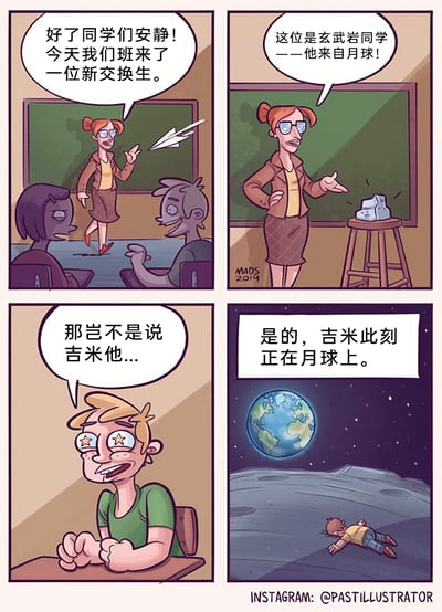 这是一则充满黑色幽默的四格卡通漫画，以校园交换生为核心设定展开反转剧情。第一格中，女老师在教室维持秩序，告知同学们班级来了新交换生，同时一名男生吉米正兴奋地扔出纸飞机；第二格老师介绍新交换生是来自月球的“玄武岩同学”，即放置在木凳上的一块月球岩石；第三格一名金发同学意识到交换生的双向属性，开口猜测吉米的处境；第四格给出残酷的答案：吉米作为交换对象，此刻正躺在没有生命保障的月球表面，已经遇难，用交换生的设定制造出荒诞又讽刺的黑色幽默效果。