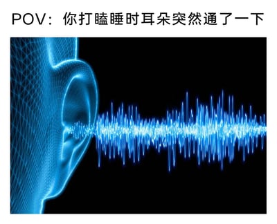 这是一张贴近日常体验的趣味梗图，图片上方配有文字“POV：你打瞌睡时耳朵突然通了一下”，下方是3D渲染制作的蓝色抽象人体耳部模型，模型旁呈现出一段密集的蓝色可视化声波图案，用视觉化的方式模拟人在昏沉打瞌睡、即将入睡的状态下，耳朵突然出现类似“通了”的清晰听觉感受，将那种从迷糊中被耳部的突然清晰感拉回的微妙生理体验具象化，能够引发大众对这种常见小生理现象的共鸣。