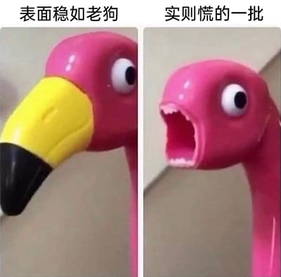 这是一张左右对比的静态梗图，左侧展示了一个粉色火烈鸟造型的玩具，它有着黄黑配色的喙，神态平静淡定，对应上方文字“表面稳如老狗”；右侧是同一个玩具，它的喙脱落了，露出内部类似大张着嘴的结构，神态显得十分惊慌，对应上方文字“实则慌的一批”。这张图通过玩具的两种状态反差，搭配网络流行语，生动地表现出人们在面对考试、工作任务等场景时，外表故作镇定，内心却极度慌乱的反差情绪，是很受欢迎的情绪表达类素材。