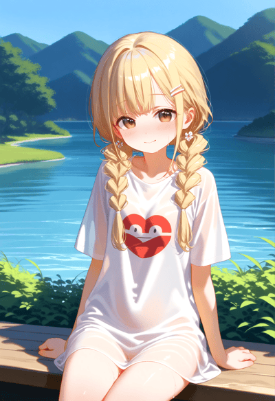 画面中是一位金发双马尾少女，她有着齐刘海和棕色的眼睛，面带微笑坐在湖边的木板上。少女穿着印有红色心形图案的白色T恤，头发上别着彩色发卡，耳朵上戴着小花发饰。背景是清澈的湖水、绿色的山林和蓝天白云，整体呈现出清新治愈的夏日氛围。
