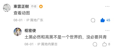 这是一张国内社交平台的评论区截图，展示了两条发布于08-01的用户评论。第一条是带有作者标识的用户“東雲正樹”发布的内容，仅标注“查看动图”，IP属地为广东，该评论收获45个点赞；第二条是用户“枢密使”的评论，内容为“土黑必然和高黑不是一个世界的，没必要共青”，IP属地为内蒙古，收获8个点赞。两条评论均配有二次元风格的用户头像，评论区界面包含评论、点赞按钮等常见社交平台元素。其中“共青”是“共情”的谐音梗，意思是没必要对“土黑”和“高黑”这两类群体产生同样的共情。