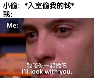 图片上方文字描述场景：“小偷：*入室偷我的钱* 我：”，下方是一张真人面部特写截图，图中人物左眼下方有泪痕，左侧标注“Me:”，底部配有文字“我陪你一起找吧 I'll look with you.”。通过强烈的反差制造幽默效果——面对小偷入室偷钱，正常反应应是警惕或反抗，而图中人物却平静地提出“陪你一起找”，暗示自己根本没钱可偷，形成自嘲式的搞笑场景。