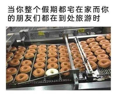 这是一张充满自嘲趣味的生活类梗图，上方配有中文文字“当你整个假期都宅在家而你的朋友们都在到处旅游时”，下方是一张甜甜圈自动化生产线的实拍图：传送带上排列着大量已经炸至金黄、完成加工的甜甜圈，它们整齐地向前移动，而在其中却夹杂着一个还未经过油炸的白色生面团甜甜圈。这张图用隐喻的方式，将外出旅游、度过充实假期的朋友们比作已经完成“加工”的金黄甜甜圈，将假期宅家、状态“停滞”的自己比作那个特殊的生面团甜甜圈，通过鲜明的视觉反差，幽默调侃了自己与朋友假期生活状态的巨大差异，精准戳中很多人假期宅家时的自嘲心理。