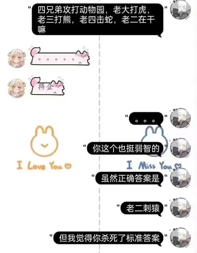 这是一张以对话形式呈现的搞笑谜语梗图。图中上方提出问题："四兄弟攻打动物园，老大打虎，老三打熊，老四击蛇，老二在干嘛嘛"。下方通过对话揭示答案，先吐槽"你这个也挺弱智的"，然后给出标准答案"老二刺猿"，最后以"但我觉得你杀死了标准答案"收尾。图中包含卡通风格的人物头像和装饰性图案，整体布局简洁明了，通过谐音梗制造笑点。