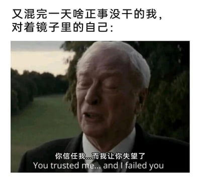 这是一张充满自嘲意味的网络表情包，上方的文字描述了场景：“又混完一天啥正事没干的我，对着镜子里的自己：”，下方是截取的电影画面，画面中是演员迈克尔·凯恩饰演的阿尔弗雷德，他双眼紧闭，面露愧疚与自责，口中说着“你信任我...而我让你失望了”，同时配有对应的英文翻译。该表情包借用电影中角色愧疚的情绪，生动地表现出当代人在虚度一天光阴、无所事事之后，对自己产生的自责与愧疚感，精准戳中很多人摸鱼后的心理状态，用夸张的影视场景来放大这种自我责备的情绪，充满幽默与共鸣感。