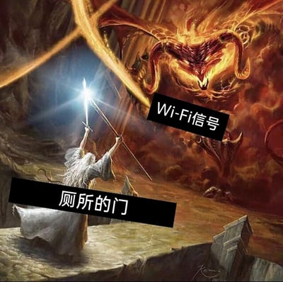 这张图是对《指环王》中甘道夫在卡扎督姆桥阻挡炎魔的经典场景进行二次创作的搞笑梗图。图中将甘道夫所面对的桥面区域标注为“厕所的门”，将对面的炎魔标注为“Wi-Fi信号”，用史诗级的紧张对峙画面，来调侃现实生活中很多人在厕所内时，Wi-Fi信号被厕所门严重阻隔，仿佛需要“奋力突破”门的阻碍才能连上稳定信号的日常窘境，用宏大的史诗场景和琐碎的日常小事形成强烈反差，制造出十足的幽默效果。