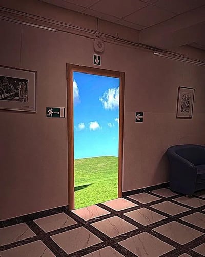 这是一张充满创意的视觉错觉P图，画面呈现了一个普通的室内空间：浅棕色墙面挂着两幅装饰画，角落摆放着深色沙发，地面是黑白相间的方格瓷砖，墙面上还设有多个逃生指示牌。原本应该通往室内其他区域的门框内，被替换成了蓝天白云下的开阔绿色草地，与沉闷的室内环境形成强烈反差，营造出“打开门就能逃离压抑空间、直达自由自然”的错觉，精准戳中人们想要摆脱封闭沉闷环境、向往开阔自由生活的心理，充满趣味性与治愈感。