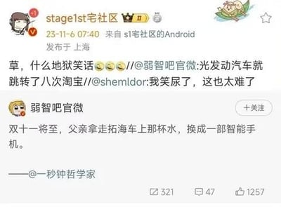 这是一张社交媒体截图，用户“stagelst宅社区”发布了一条包含转发和评论的内容。原帖来自“弱智吧官微”，内容为“双十一将至，父亲拿走拓海车上那杯水，换成一部智能手机”，结合《头文字D》中拓海开车时水杯不能洒的经典梗，形成地狱笑话。用户评论“草，什么地狱笑话😂😂😂”，并引用了其他用户的评论“光发动汽车就跳转了八次淘宝”和“我笑尿了，这也太难了”，整体充满搞笑和无奈的情绪，吐槽双十一购物节的氛围。