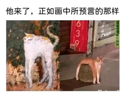 这是一张左右拼接的静态对比图，顶部配有文字“他来了，正如画中所预言的那样”。左侧是一幅风格化的绘画作品，画中的猫咪拥有异常修长的腿部，身体比例怪异，呈现站立姿态；右侧是一张现实拍摄的照片，一只橘白猫站在石头旁，由于石头遮挡了它的身体后半部分，从视觉上看和左侧画中的猫咪有着几乎一样的怪异身体形态，仿佛画中的场景在现实中真实发生，利用视觉错位制造出强烈的巧合感，整体内容荒诞又充满趣味性，让人忍俊不禁。