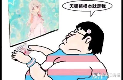 图片左侧是一个屏幕，屏幕中显示着一位粉色长发的动漫女孩，她穿着粉色连衣裙，背景是蓝绿色带有气泡图案的画面。右侧是一个卡通人物，有着黑色短发、戴着眼镜、头上别着粉色花朵发饰，身穿蓝粉条纹上衣，正探身注视着屏幕，人物上方有对白气泡写着“天哪這根本就是我”。图片右下角有水印“知乎@春日野樱”。该梗图幽默地表现了人们看到动漫角色时产生强烈自我认同感的场景。