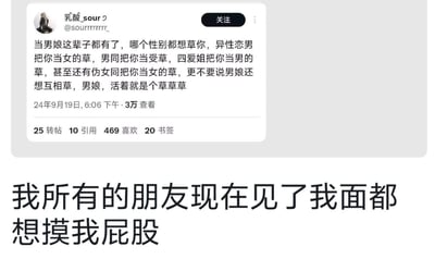 这是一张由社交平台帖子截图与下方文字拼接而成的梗图。上方是用户“乳酸_sourり”发布的帖子，用夸张戏谑的自嘲语气，调侃男娘群体在不同性取向人群中都被“盯上”的处境：异性恋男性将其当作女性，男同将其当作受，四爱群体将其当作男性，伪女同将其当作女性，甚至男娘之间也有类似情况，最后用“活着就是个草草草”强化这种无奈又搞笑的情绪；下方配文“我所有的朋友现在见了我面都想摸我屁股”，以个人经历呼应上方帖子的内容，整体用低俗但诙谐的方式玩梗，传递出自嘲、无奈又搞笑的氛围。