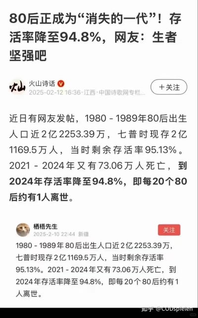 这是一张竖屏格式的社交媒体截图，展示了关于80后人口存活数据的讨论内容。账号「火山诗话」转载了用户「栖梧先生」发布的人口数据：1980-1989年出生的80后总人口约22253.39万，七普时存活率为95.13%，2021-2024年又有73.06万人离世，到2024年存活率降至94.8%，即每20个80后约有1人离世。截图右下角带有知乎水印，说明该内容在知乎平台流传。内容无谐音梗、双关或暗示。