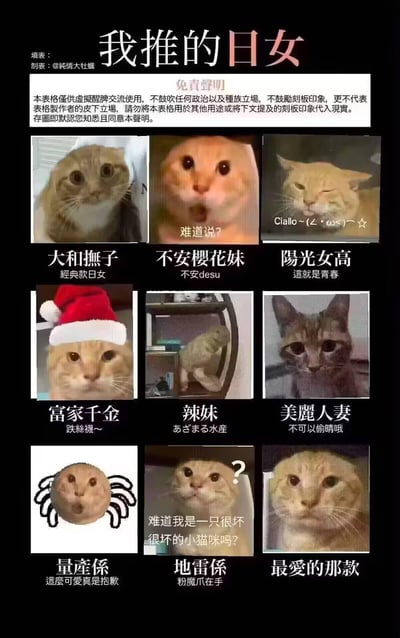 这是一张九宫格形式的猫咪meme拼贴图，标题为“我推的日女”，用九张不同的猫咪表情包对应九种日式风格女生的人设：
1. 大和抚子（经典款日女）：表情端庄的橘猫，对应温婉传统的日式女性形象；
2. 不安樱花妹（不安desu）：张嘴惊讶的橘猫，配文“难道说？”，对应容易不安、说话带日语后缀“desu”的软萌樱花妹；
3. 阳光女高（这就是青春）：半眯眼的橘猫，配文“Ciallo~(∠・ω<)ー☆”，对应活泼元气的日本女高中生；
4. 富家千金（跌絲襪～）：戴圣诞帽的严肃橘猫，对应娇贵的富家大小姐；
5. 辣妹（あざまる水産）：趴在置物架上的猫咪，对应日式辣妹风格；
6. 美麗人妻（不可以偷晴哦）：眼神锐利的猫咪，对应带有成熟感的人妻形象；
7. 量産係（這麼可愛真是抱歉）：被P成蜘蛛形态的猫咪，对应量产型可爱的日系风格；
8. 地雷係（粉魔爪在手）：歪头疑惑的橘猫，配文“难道我是一只很坏很坏的小猫咪吗？”，对应日系地雷系（带点病娇、暗黑感）的风格；
9. 最爱的那款：表情平静的橘猫，作为个人偏好的自定义选项。
图的上方配有免责声明，说明本图仅用于虚拟娱乐交流，不涉及政治、种族立场，请勿将图中的刻板印象代入现实。整体用猫咪表情包的神态和配文，趣味化地对应不同日式女性的刻板人设，风格搞笑呆萌，没有双关或谐音梗，仅通过猫咪气质贴合人设玩梗。