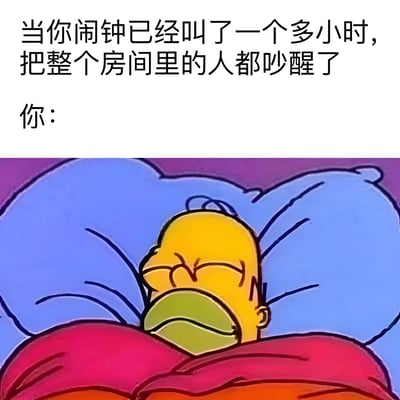 图片上半部分为文字描述：'当你闹钟已经叫了一个多小时，把整个房间里的人都吵醒了你：'，下半部分是卡通人物荷马·辛普森躺在床上沉睡的画面。他闭着眼睛，嘴巴微张，头枕在蓝色枕头上，身上盖着红色的被子，黄色的皮肤在紫色背景下显得突出。整个梗图通过文字与画面的对比，幽默地展现了即使闹钟响了很久并吵醒他人，自己却依然沉睡不醒的慵懒状态。