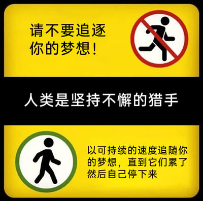 这是一张由三个板块拼接而成的趣味标语类图片，借用公共场所的交通警示标识模板，传递关于追逐梦想的另类观点。最上方是黄色背景的禁止类标识，红色圆圈加斜杠覆盖着奔跑的简笔小人，配文“请不要追逐你的梦想！”；中间黑色背景的文字“人类是坚持不懈的猎手”作为过渡，衔接上下内容；最下方是黄色背景的允许类标识，绿色圆圈内是匀速行走的简笔小人，配文“以可持续的速度追随你的梦想，直到它们累了然后自己停下来”。整体内容用幽默调侃的方式，将追逐梦想的过程类比为狩猎，打破了“追梦需奋力冲刺”的常规认知，倡导以松弛、可持续的节奏去追寻目标，用熟悉的标识形式和反差感的文字，引发观者对追梦方式的思考。