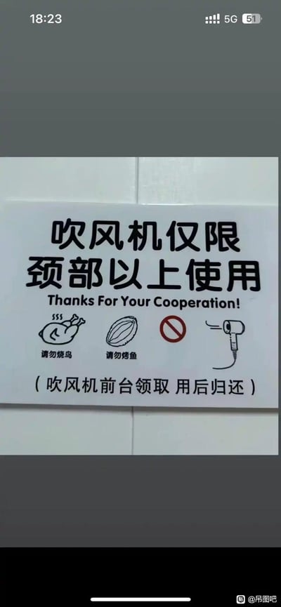 这是一张贴在墙面上的场所提示牌，主标语为“吹风机仅限颈部以上使用”，下方配有英文致谢语“Thanks For Your Cooperation!”。为了强调使用规范，提示牌还搭配了三组幽默的图示与文字：冒着热气的烤鸡配“请勿烧鸟”、烤鱼配“请勿烤鱼”，再加上禁止符号与吹风机的图示，用调侃的方式暗示曾有人用公用吹风机加热食物的离谱行为，最后标注“吹风机前台领取 用后归还”，整体用搞笑的形式来规范吹风机的使用范围。