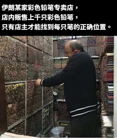 图片展示了伊朗一家彩色铅笔专卖店的内部场景。店内墙壁被数千支彩色铅笔密集排列覆盖，形成如同彩色砖石般的视觉效果。一位穿着黑色外套的男性店主正伸手从墙上的铅笔阵列中精准取笔，体现出只有他才能熟悉每支笔位置的独特场景。整个画面充满了对店主记忆力和店铺特色的惊叹感。
