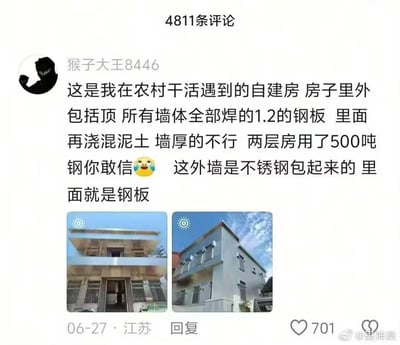 这是一则社交媒体评论截图，用户「猴子大王8446」分享了自己在江苏农村遇到的超硬核自建房：房子的内外墙体及屋顶全部采用1.2规格的钢板焊接，内部再浇筑混凝土，两层建筑总计使用了500吨钢材，外墙还额外用不锈钢包裹，内部核心结构就是钢板。配图为这栋自建房的正面与侧面实拍图，外观看起来较为普通，但内部用料夸张，让人感到十分震惊。