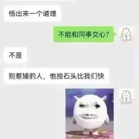 这是一张竖屏手机格式的聊天记录截图梗图，上方是四段聊天对话，先铺垫“悟出来一个道理”，在对方猜测“不能和同事交心？”后，给出完全出乎意料的回复“别惹矮的人，他捡石头比我们快”，形成强烈的反差感；下方搭配一个表情怪异、嘴角下垂的白色毛绒卡通表情包，进一步烘托无语、搞笑的情绪，用职场话题开头，转折到无厘头内容，制造幽默效果。