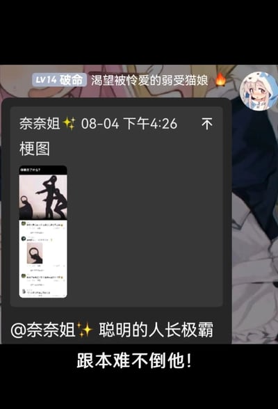 这是一张社交平台的聊天记录截图，用户“奈奈姐✨”在08-04下午4:26发布了一张影子梗图，梗图展示三个影子造型，顶部配文“你明白了什么？”，引导观看者进行联想。用户“LV14破命”（签名为“渴望被怜爱的弱受猫娘”，头像是猫娘动漫角色）对此玩梗，评论“@奈奈姐✨ 聪明的人长极霸”，并在截图下方配文“跟本难不倒他！”（“跟本”为错别字，应为“根本”），该评论是利用影子的形状玩低俗谐音梗，将其中一个影子的形状联想为男性生殖器，用“极霸”谐音“JB”来制造笑点，属于网络低俗玩梗内容。