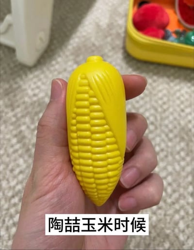 这是一张趣味玩梗的文字加注静态图，画面中一只手握着一个造型逼真的黄色仿真玉米玩具，玩具表面有清晰的玉米粒纹理。图片底部配有文字“陶喆玉米时候”，利用“玉米”与“年轻”的谐音，改编歌手陶喆的相关歌词，打造出搞笑的谐音梗效果，整体风格轻松诙谐，用于在社交平台上玩梗互动。
